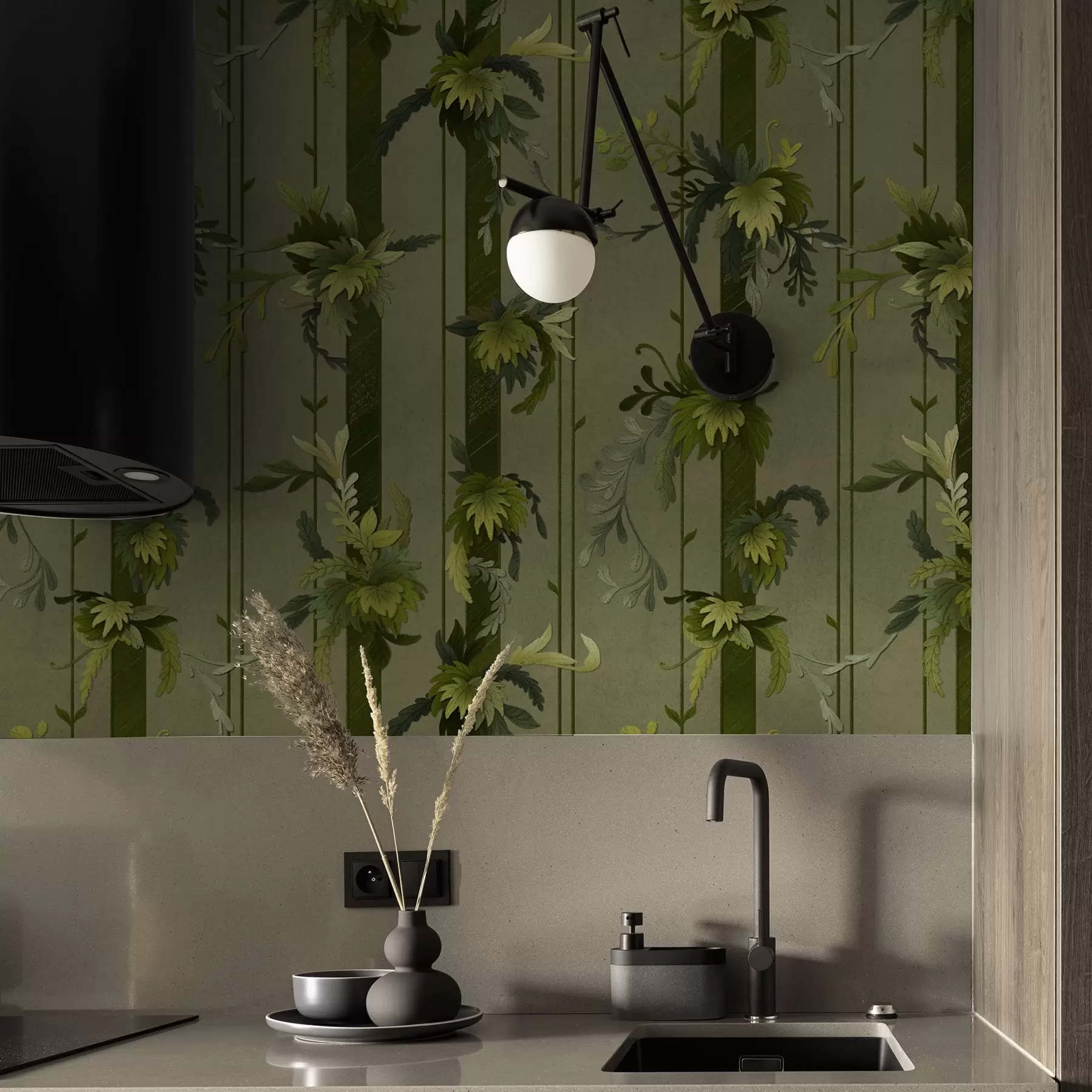 Fototapetes Vīnogulāju lapas un ķekari gaiši zaļos akvareļa toņos a00807