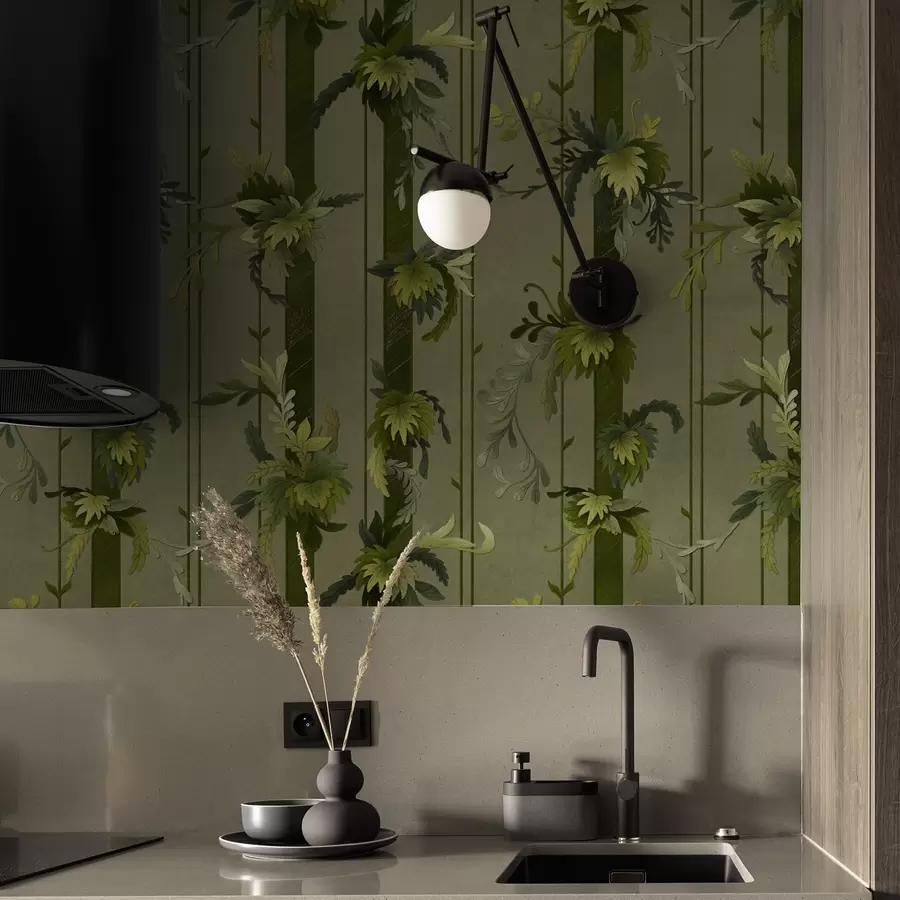 Fototapetes Vīnogulāju lapas un ķekari gaiši zaļos akvareļa toņos a00807