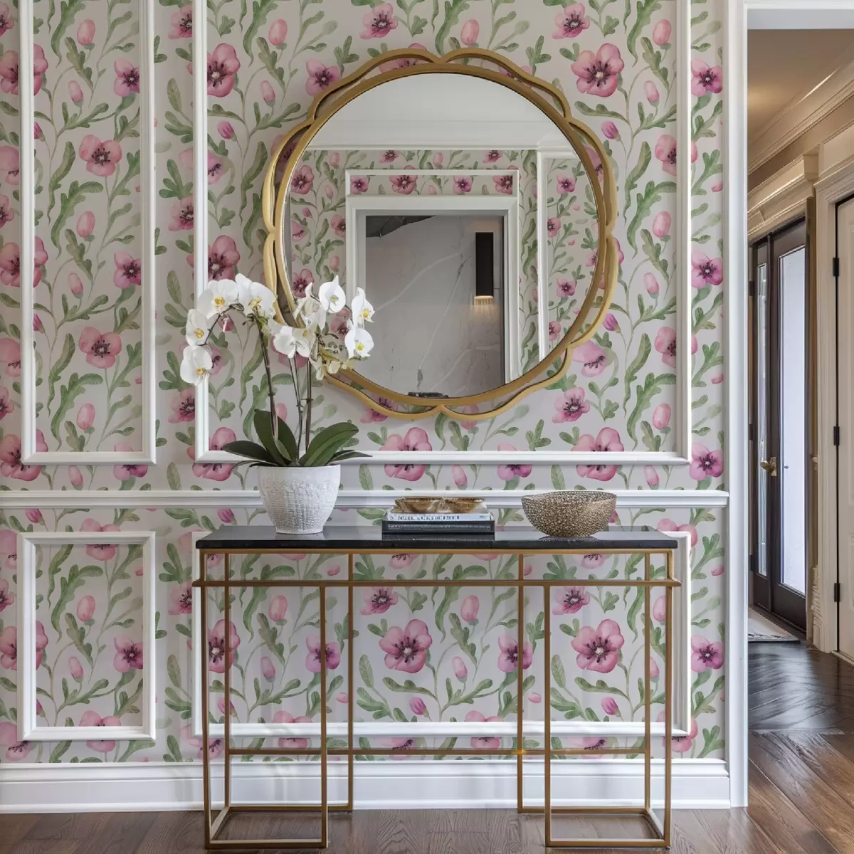 Tapetes Delikātas rozā magones ar lapām akvareļa tehnikā a00830