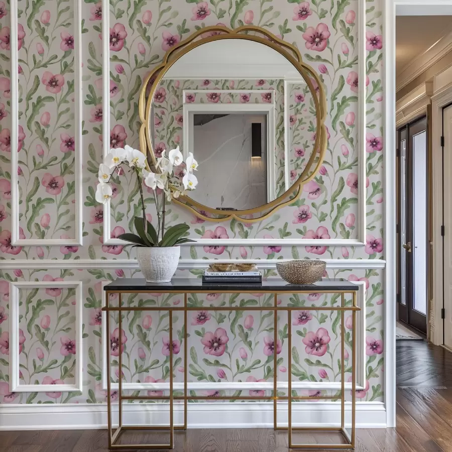 Fototapetes Delikātas rozā magones ar lapām akvareļa tehnikā a00830