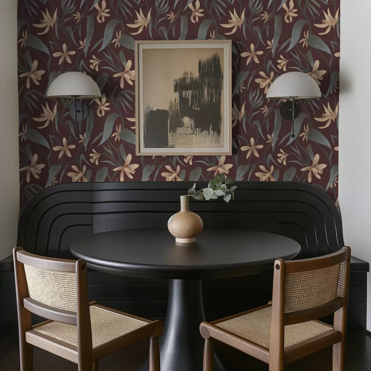 Tapetes Krēmkrāsas ziedi ar pelēkiem lapām uz bordo fona a00833