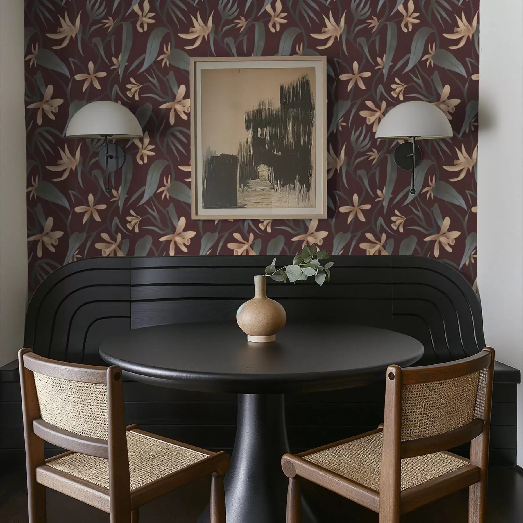 Fototapetes Krēmkrāsas ziedi ar pelēkiem lapām uz bordo fona a00833