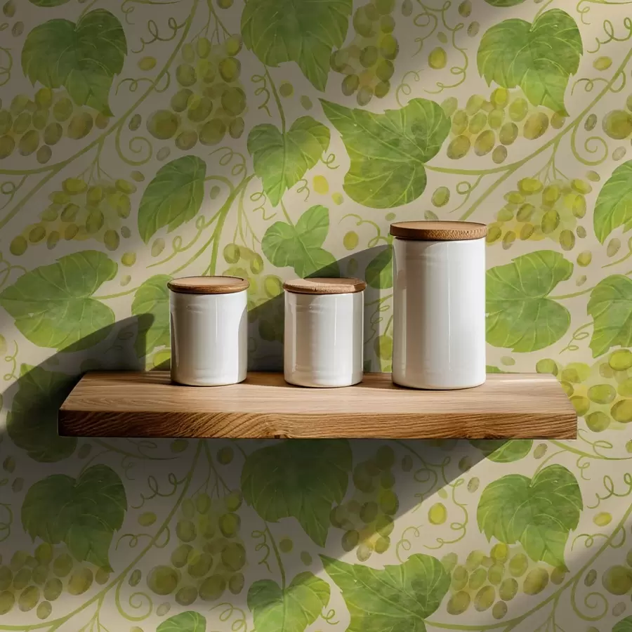 Fototapetes Vīnogas un zaļas lapas uz gaiša fona a00834