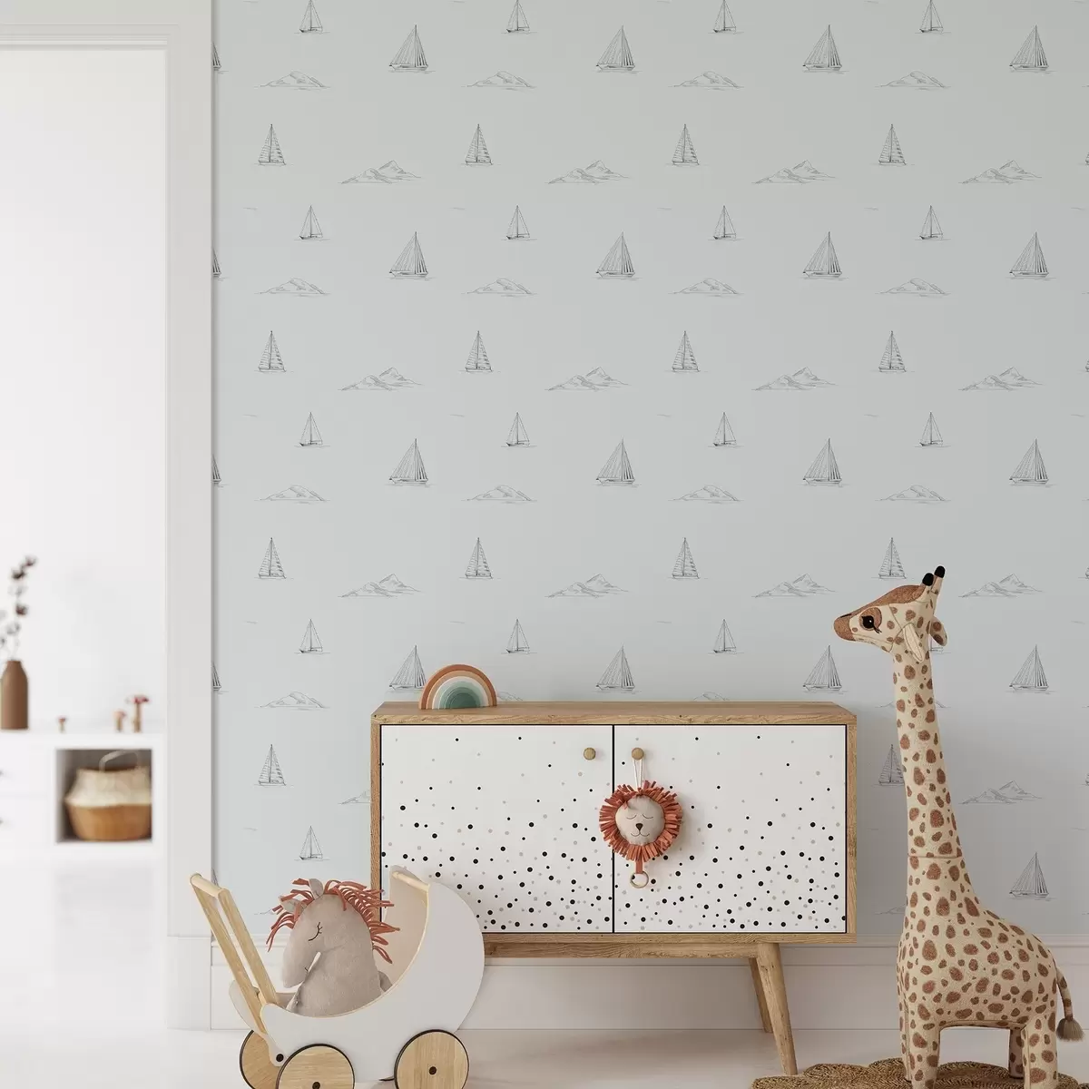 Tapetes Skices ar jahtām un salām, vēsā zils-pelēkā fonā a00654