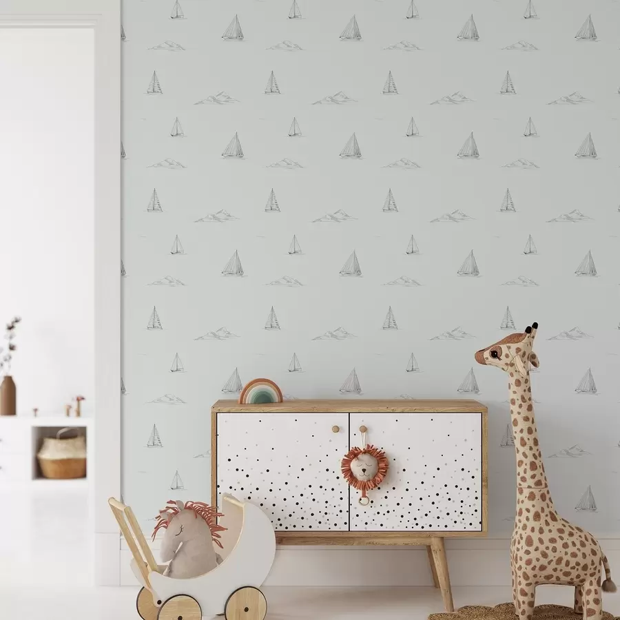 Fototapetes Skices ar jahtām un salām, vēsā zils-pelēkā fonā a00654