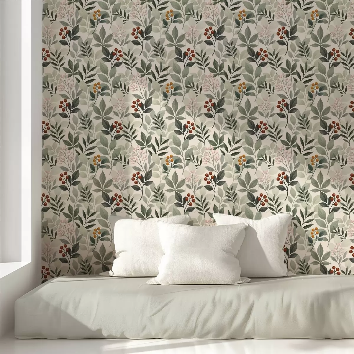 Tapetes Lapas ar ogām, gaišs fons a00713