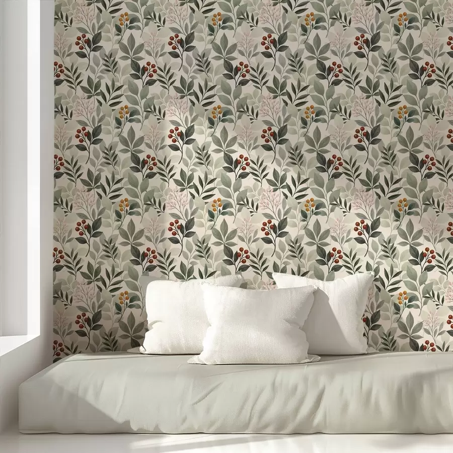 Fototapetes Lapas ar ogām, gaišs fons a00713