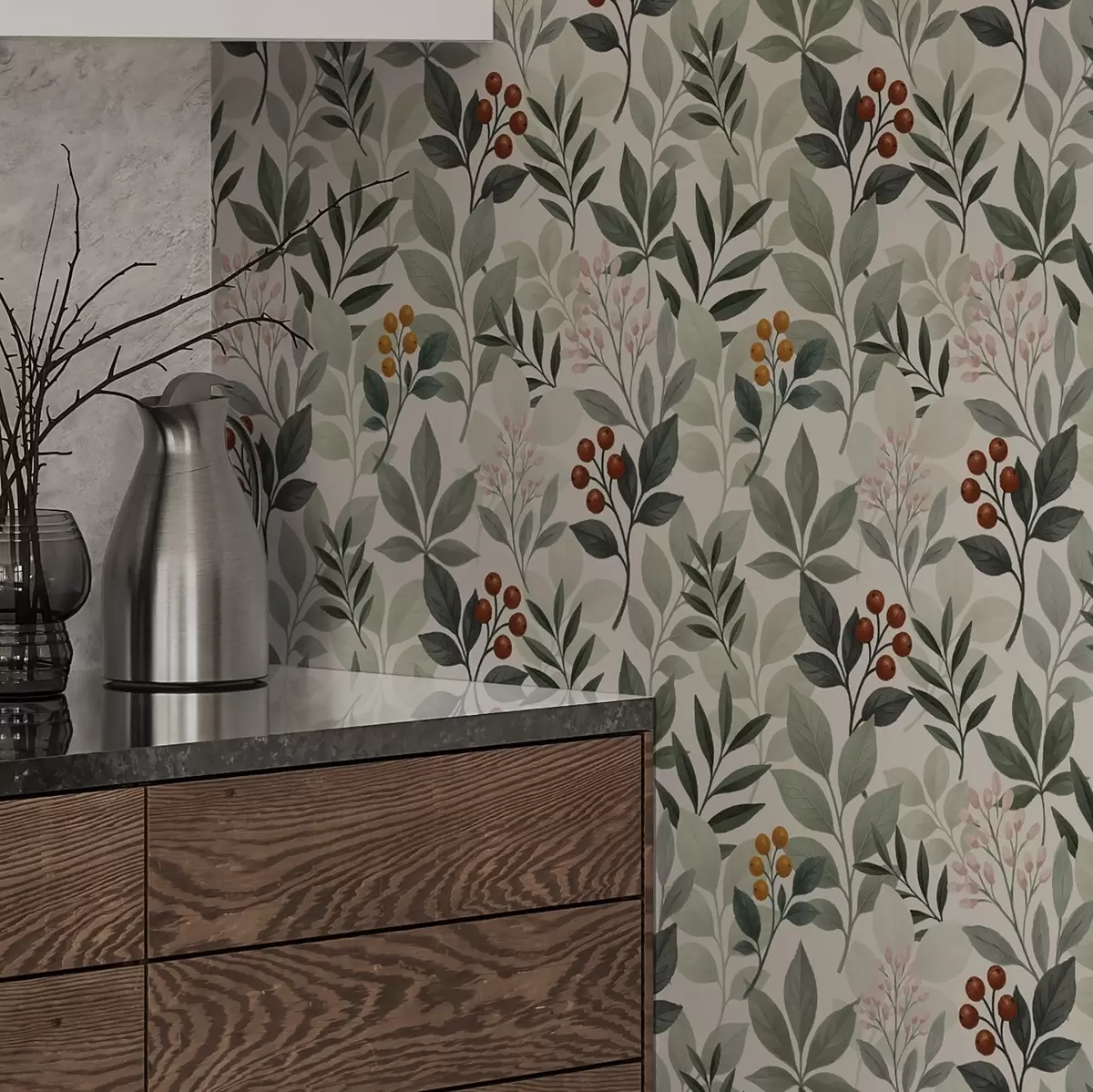 Tapetes Lapas ar ogām, gaišs fons a00713