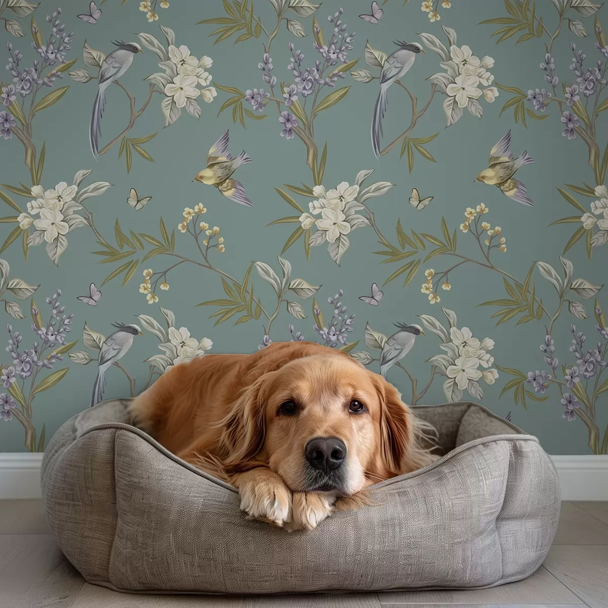 Tapetes Putni, ziedi un tauriņi uz zils pelēka fona a00735