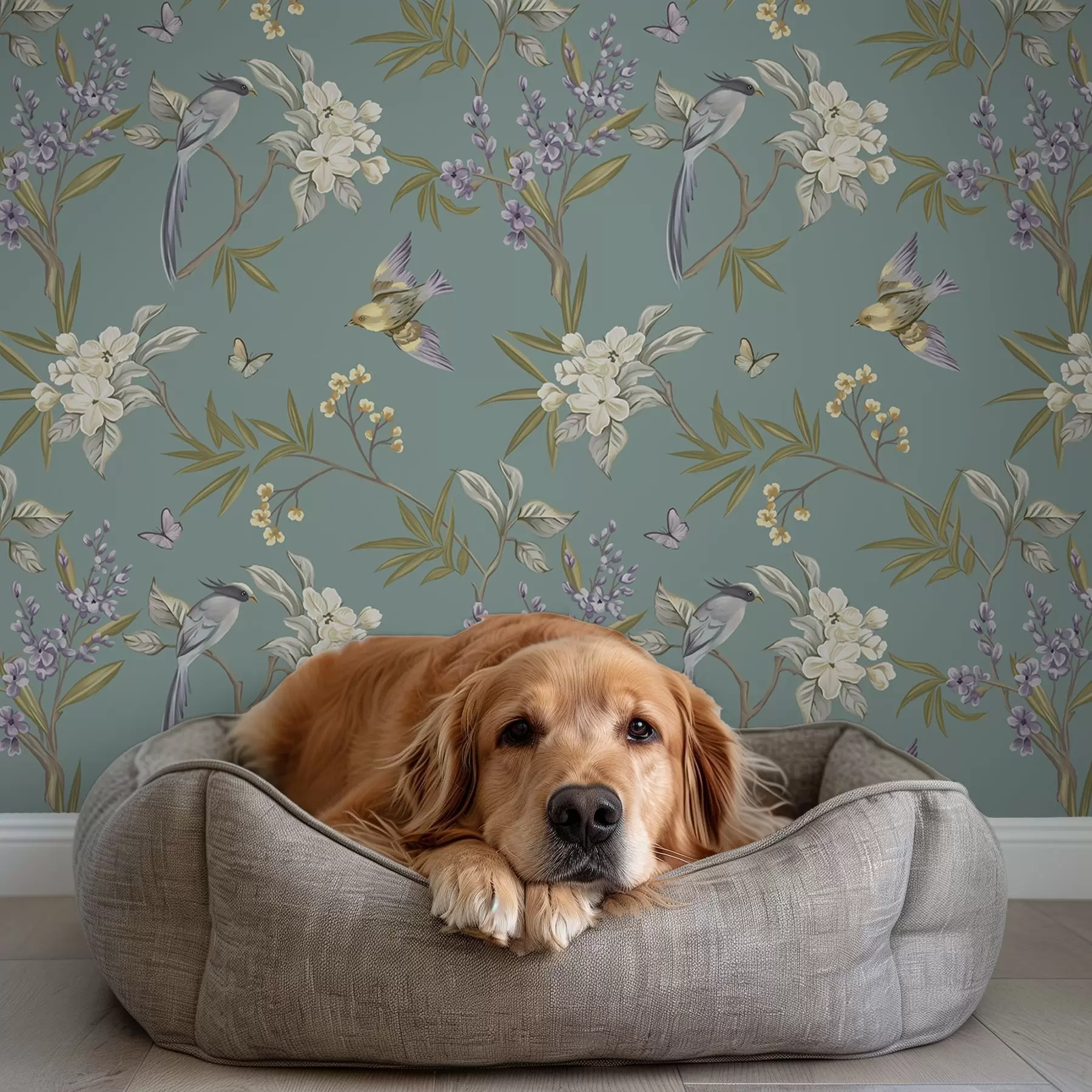 Fototapetes Putni, ziedi un tauriņi uz zils pelēka fona a00735