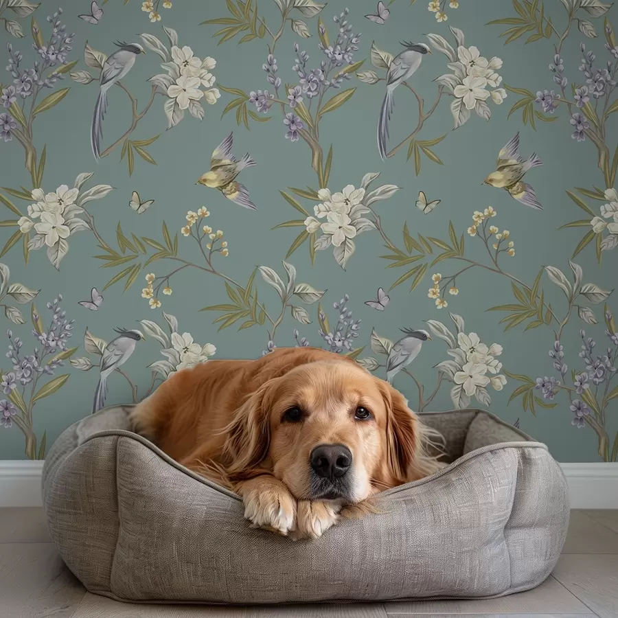 Fototapetes Putni, ziedi un tauriņi uz zils pelēka fona a00735