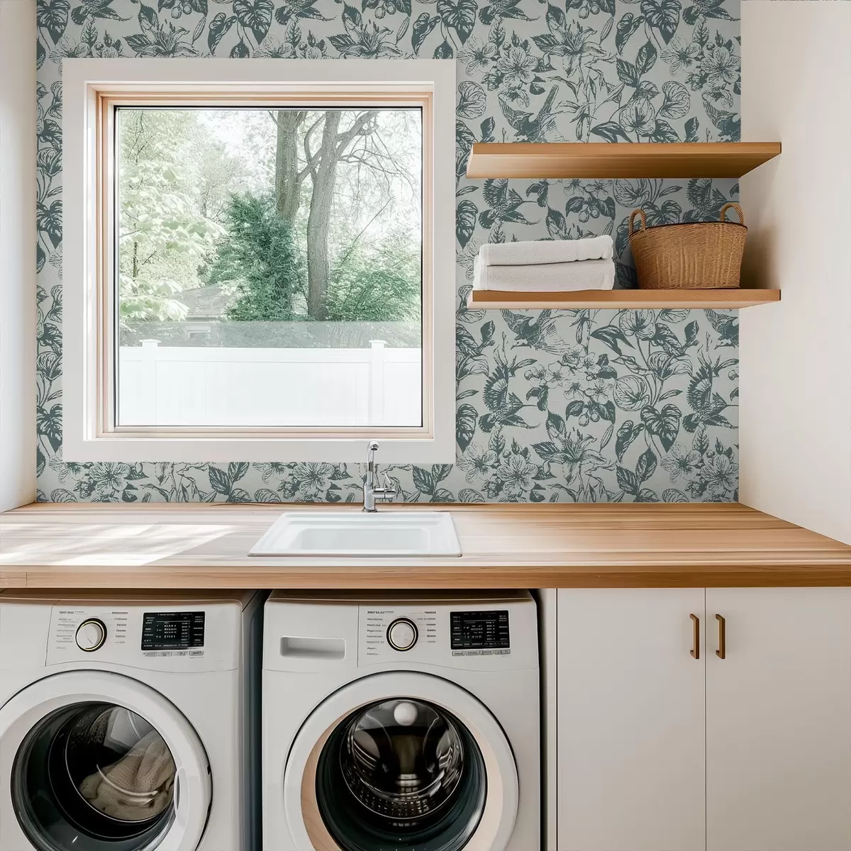 Tapetes Monochroms ziedu ornamentiņš ar putniem a00737