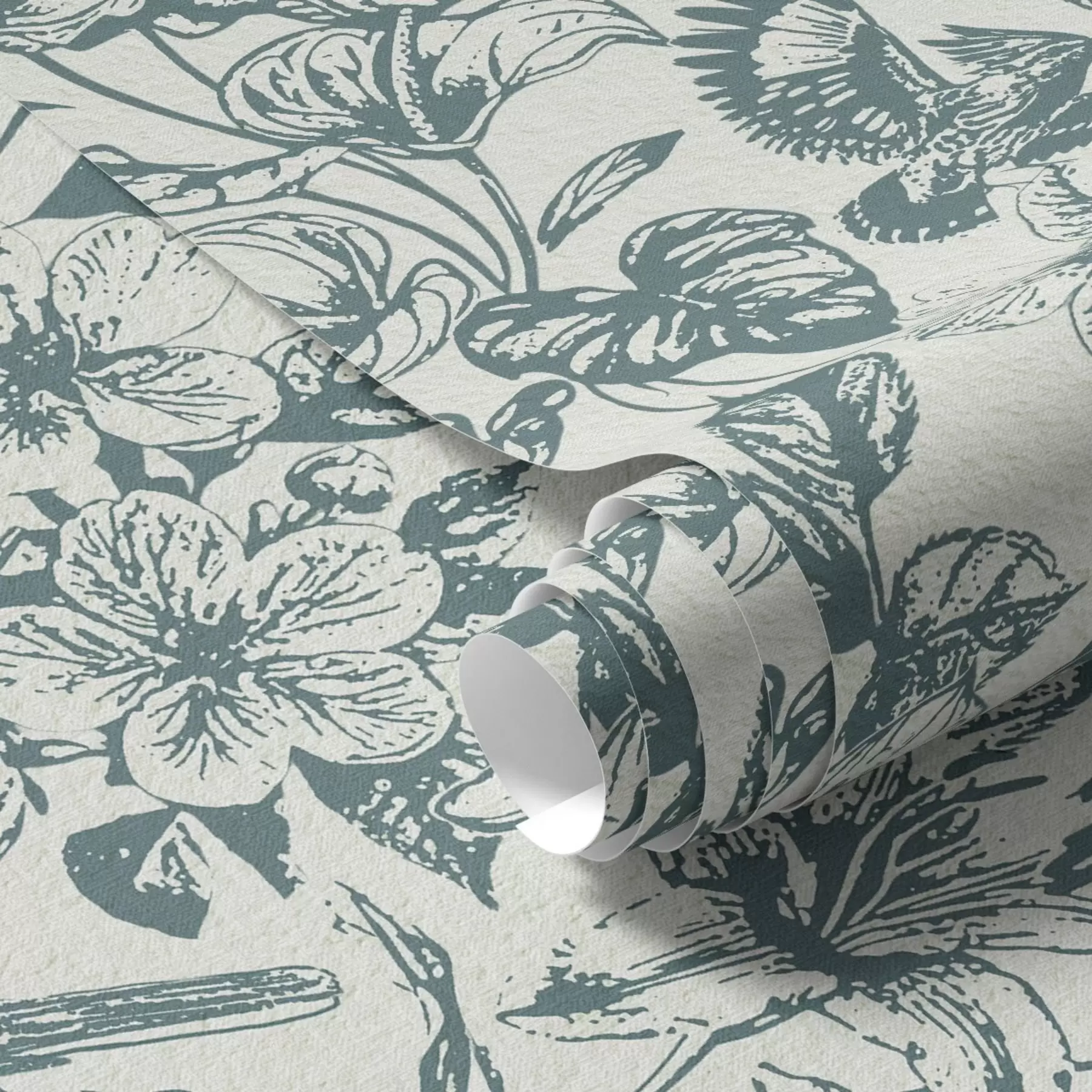 Fototapetes Monochroms ziedu ornamentiņš ar putniem a00737