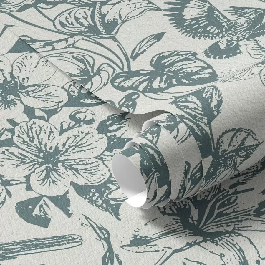 Fototapetes Monochroms ziedu ornamentiņš ar putniem a00737