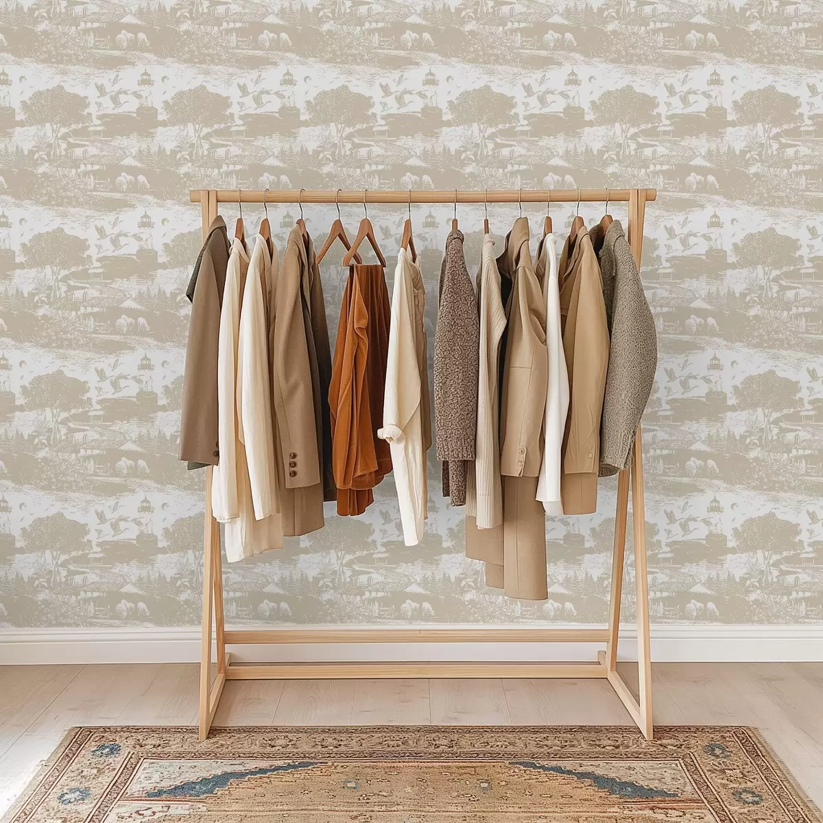 Tapetes Aina ar bāku, kokiem un mājām siennas krāsā a00739