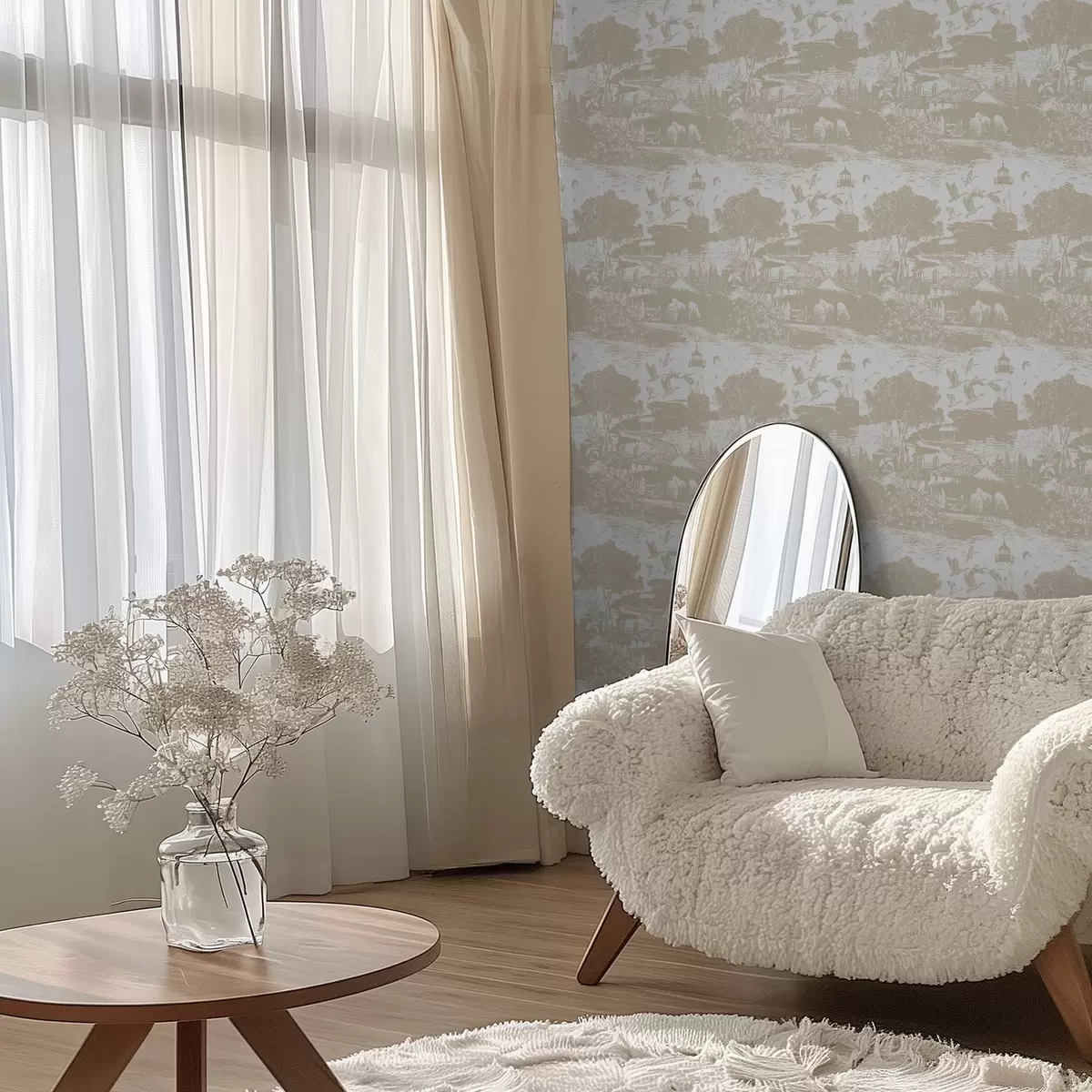 Tapetes Aina ar bāku, kokiem un mājām siennas krāsā a00739