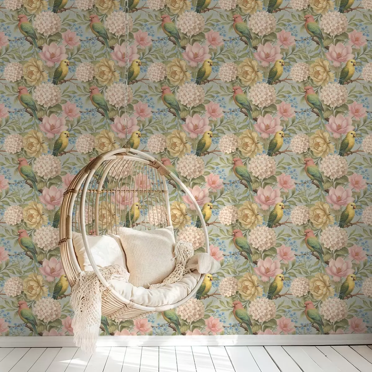 Tapetes Papagaili starp peonijām, hortenzijām un magnolijām a00747