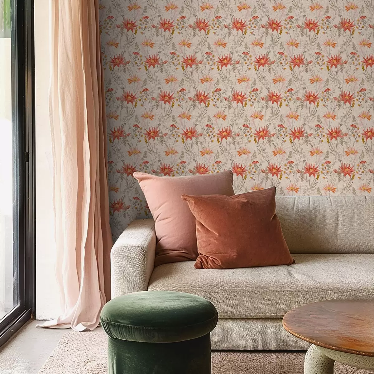 Tapetes Siltos toņos ziedi uz smilškrāsas fona a00751