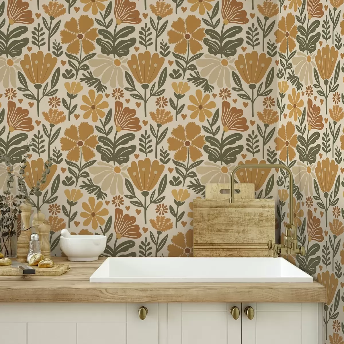 Tapetes Stilizēti ziedi siltos toņos ar sirdīm a00752