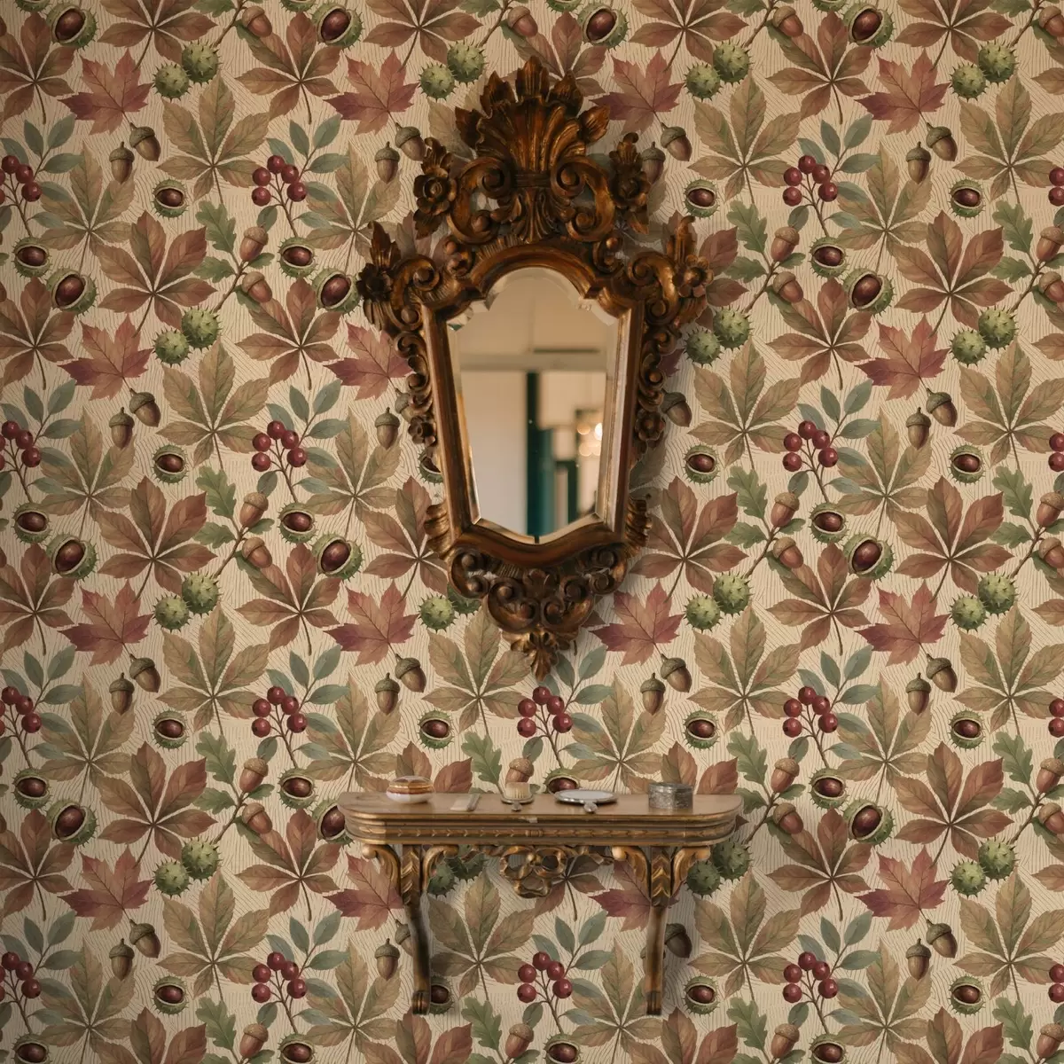 Tapetes Rudens lapas, ozolzīles un ogas uz smilškrāsas fona a00754