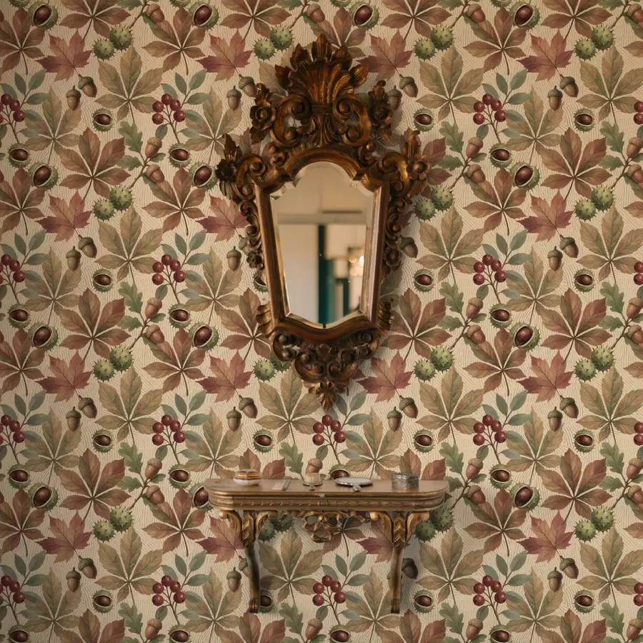 Fototapetes Rudens lapas, ozolzīles un ogas uz smilškrāsas fona a00754