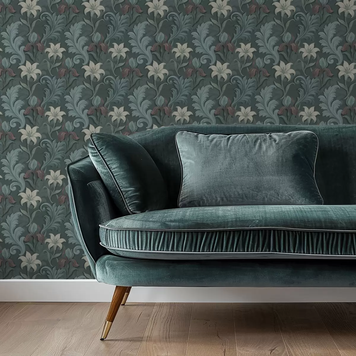 Tapetes Tumši zaļš fons ar īrisiem un dekoratīvām lapām a00755