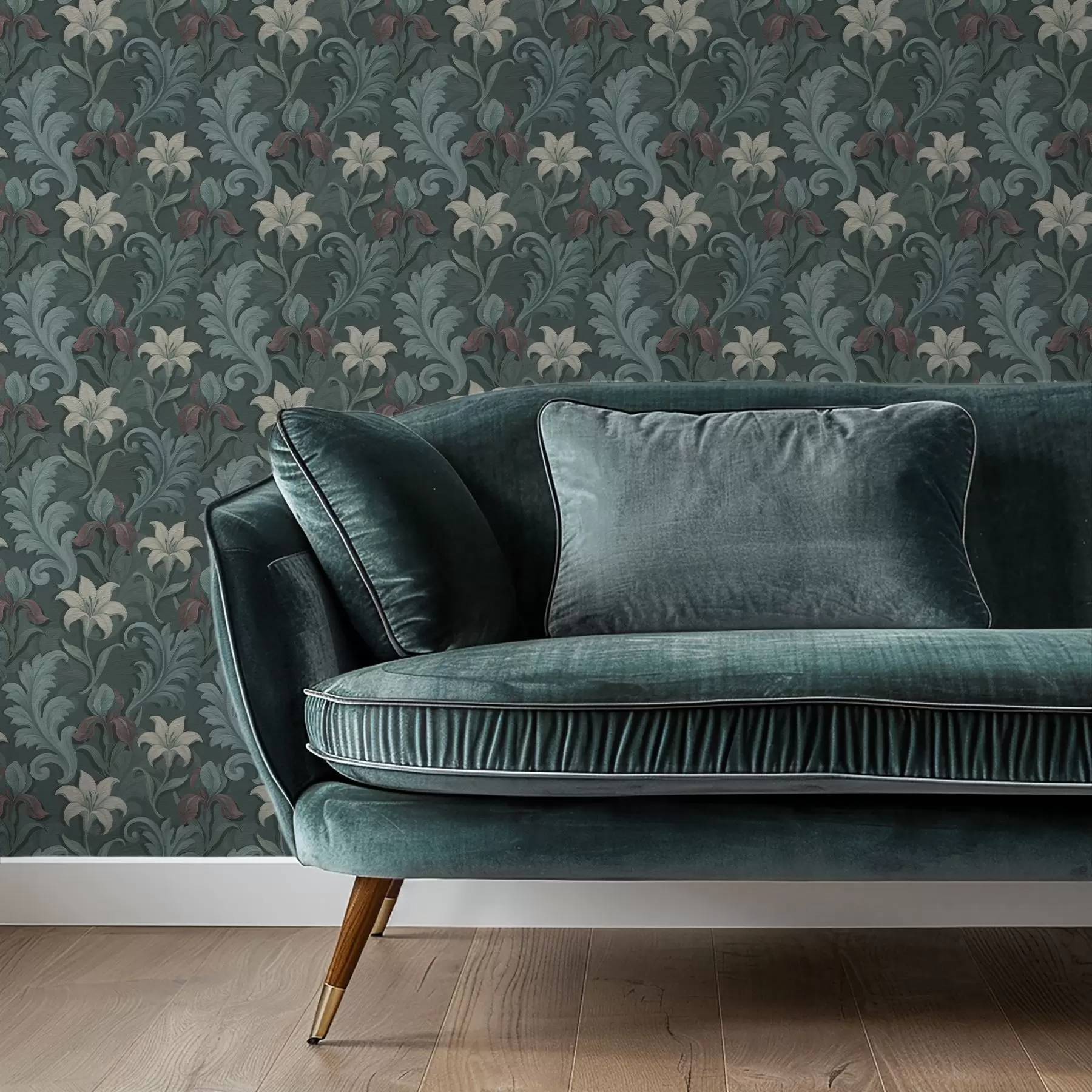 Fototapetes Tumši zaļš fons ar īrisiem un dekoratīvām lapām a00755