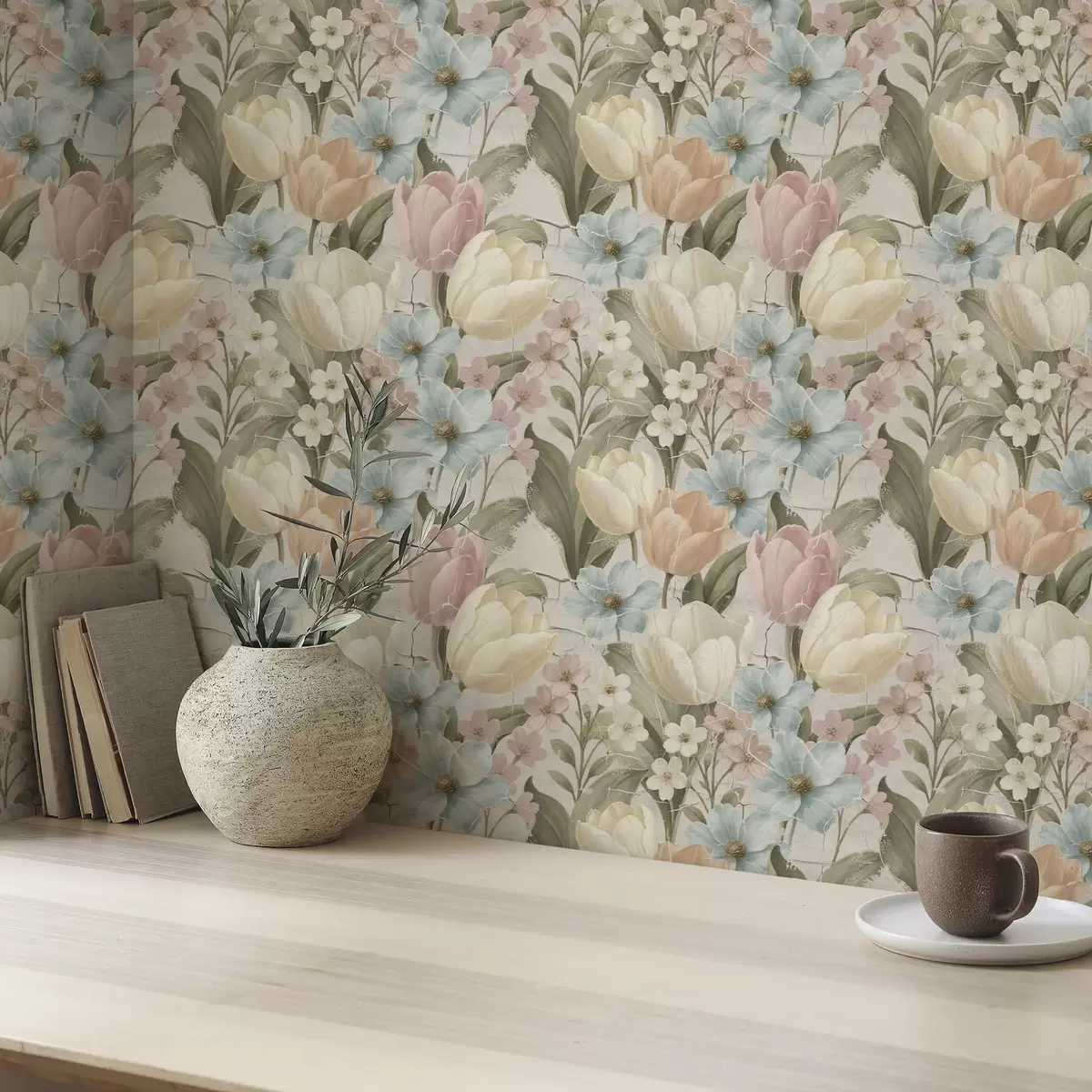 Tapetes Pastelkrāsas tulpes un ziedi uz gaiša, plīstoša fona a00756