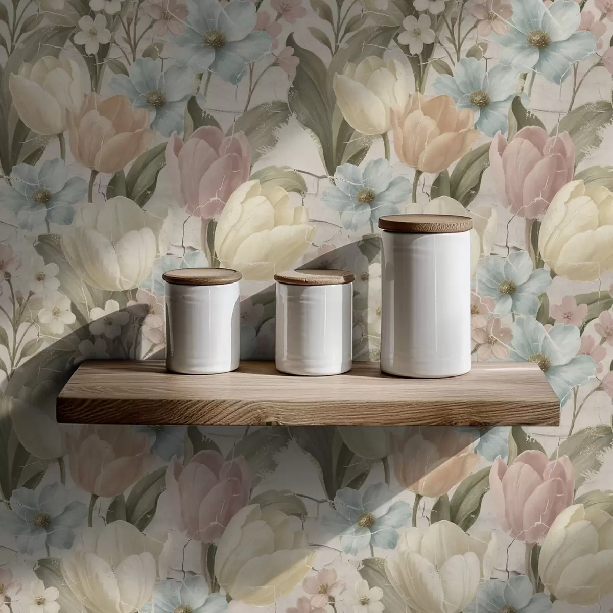 Tapetes Pastelkrāsas tulpes un ziedi uz gaiša, plīstoša fona a00756