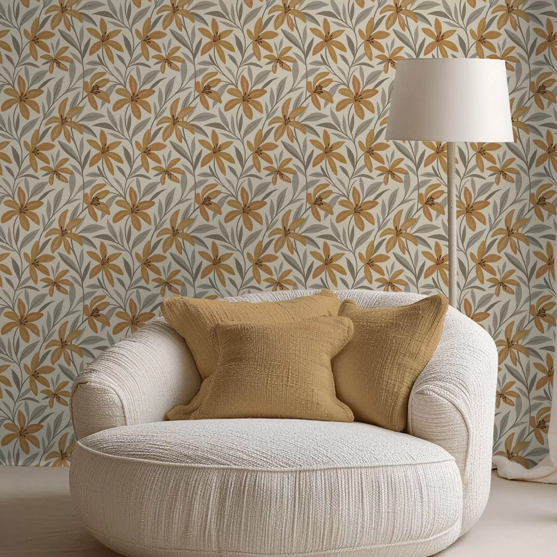 Fototapetes Dzeltenas lilijas un pelēkzaļas lapas uz gaiša fona a00757