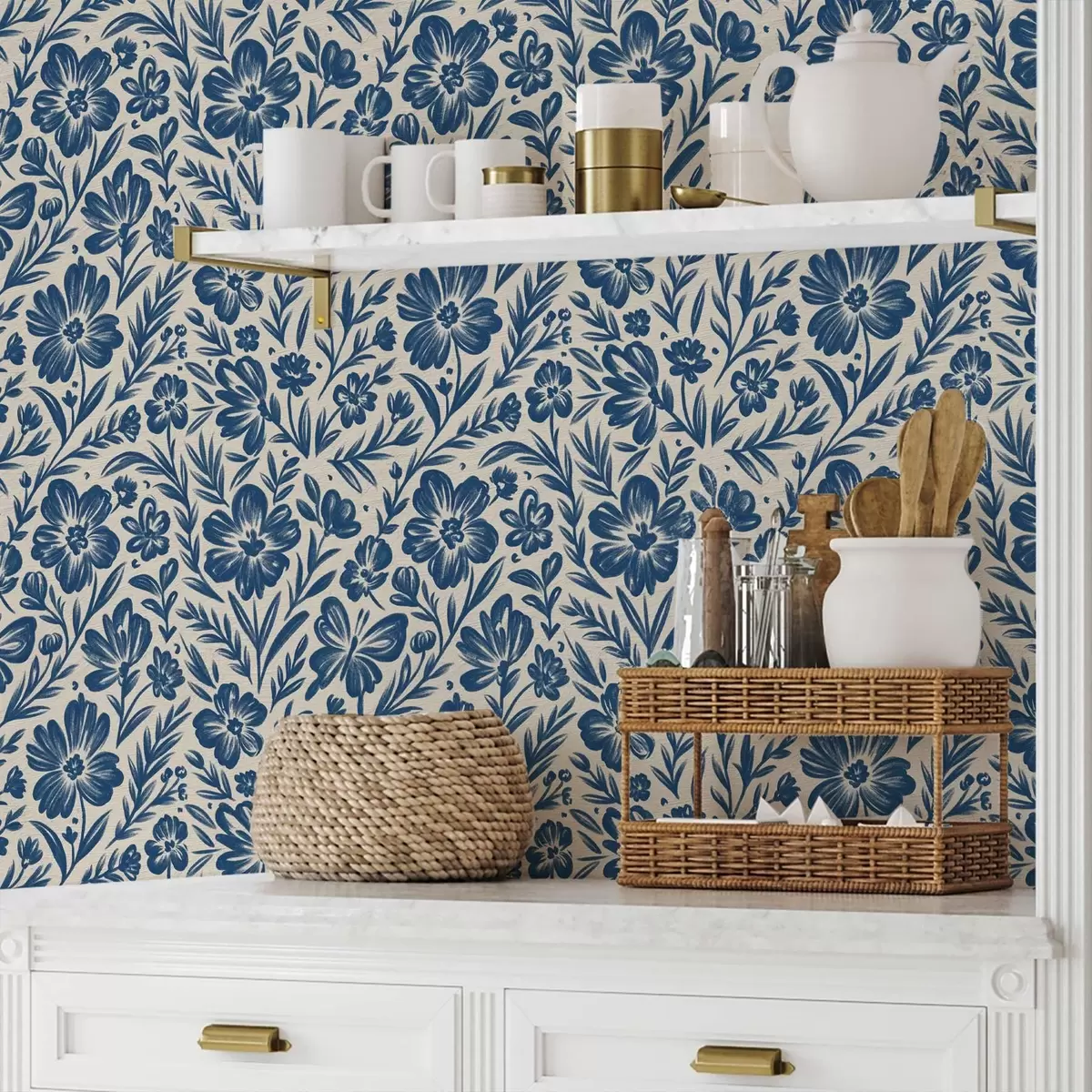 Tapetes Zils ziedu ornamentiņš ar tauriņiem a00758