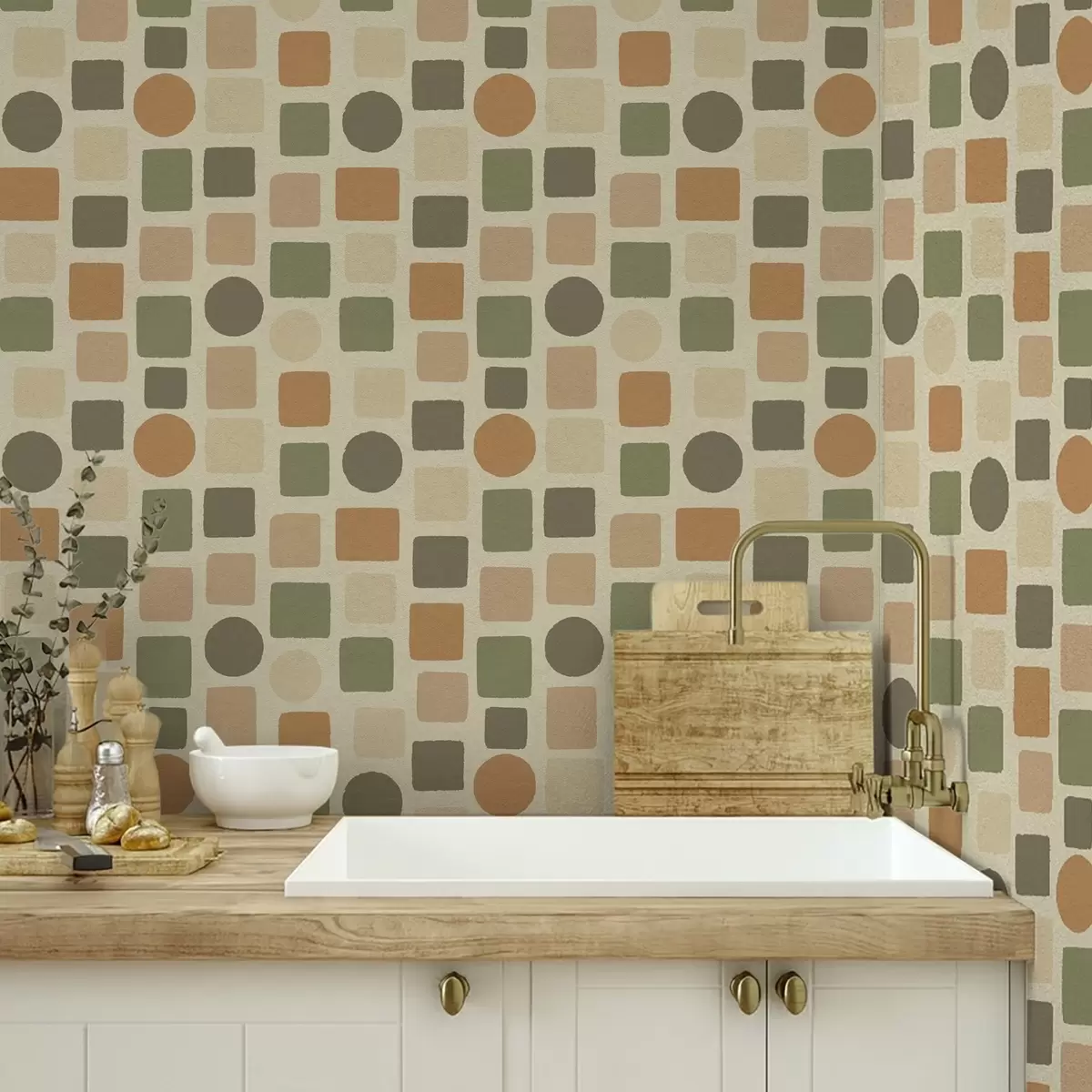 Tapetes Ģeometrisks kvadrātu un apļu raksts siltos toņos a00759