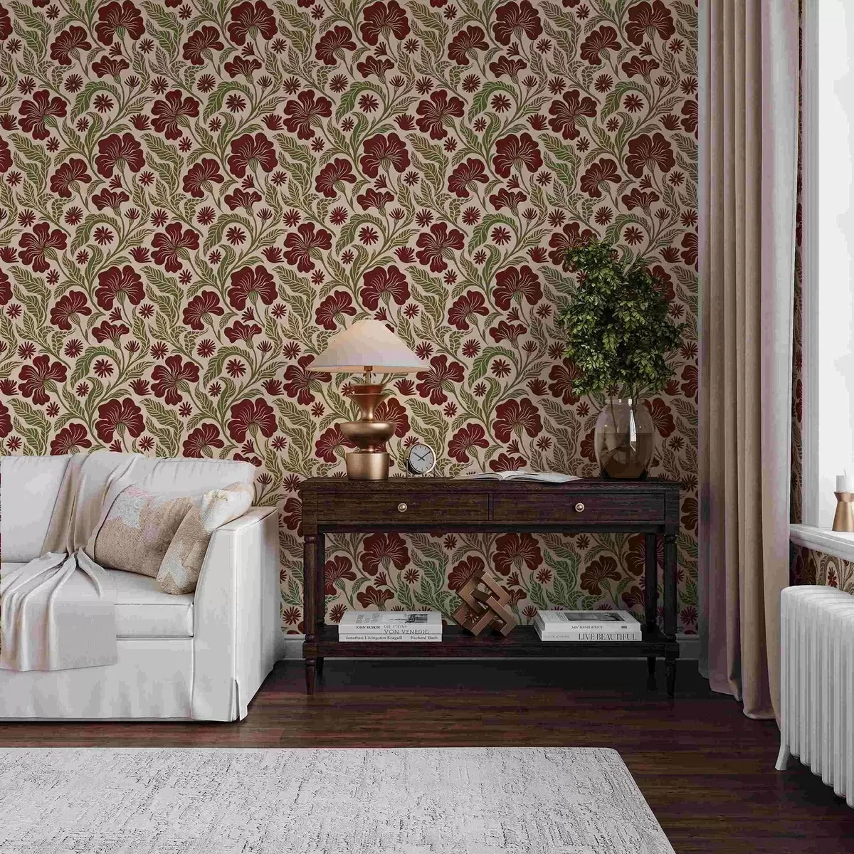 Tapetes Burgundijas ziedi ar zaļām lapām uz gaiša fona a00761