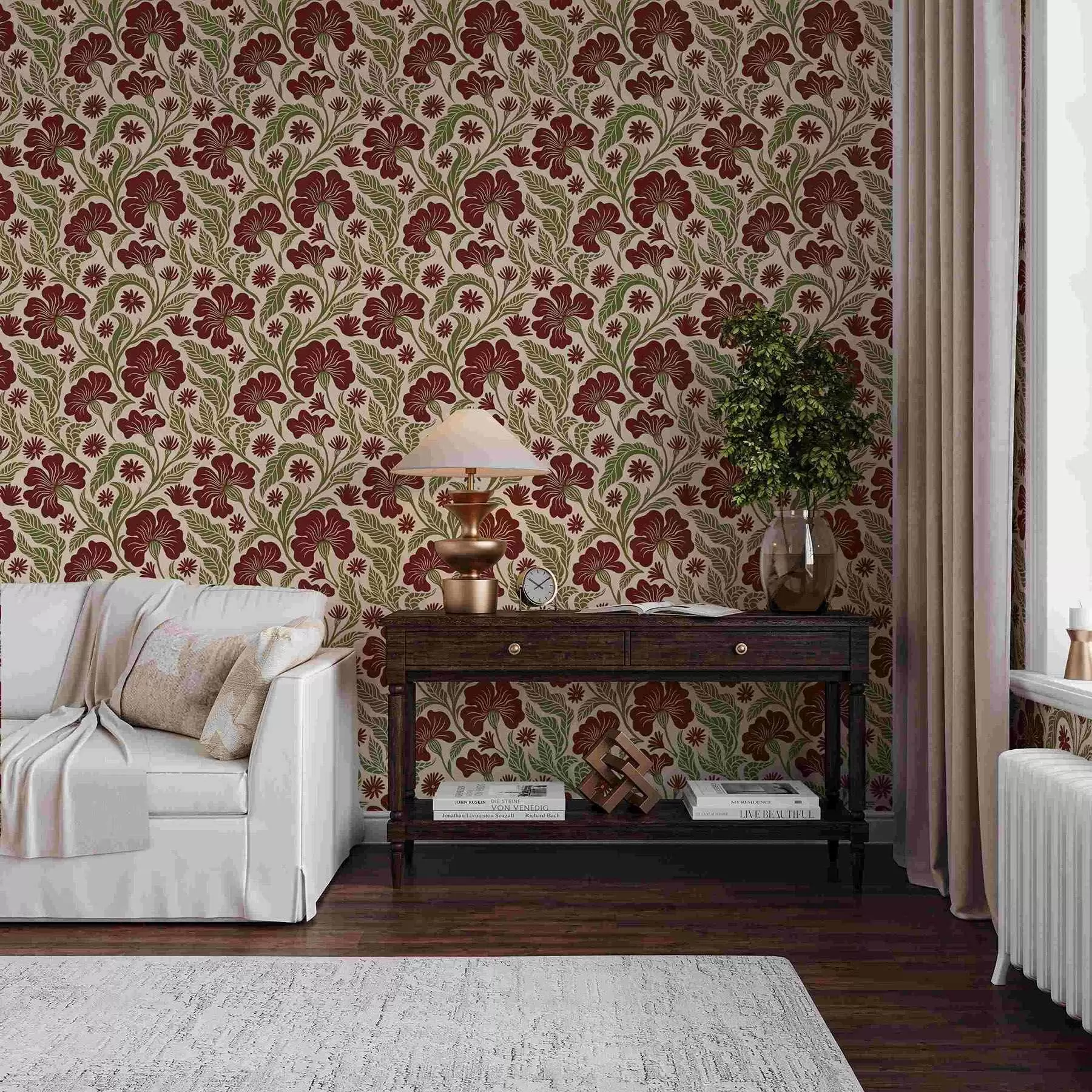 Fototapetes Burgundijas ziedi ar zaļām lapām uz gaiša fona a00761