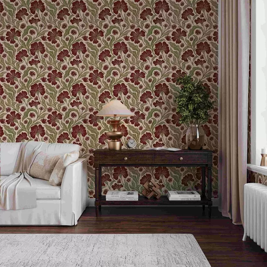 Fototapetes Burgundijas ziedi ar zaļām lapām uz gaiša fona a00761