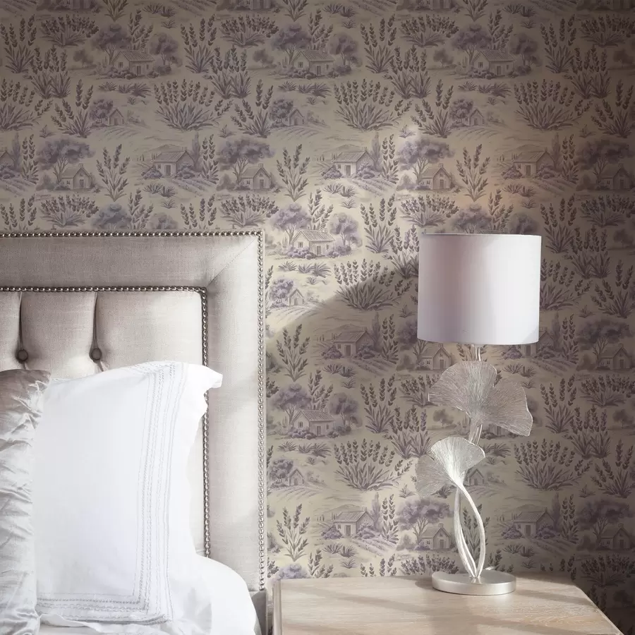 Fototapetes Lavandas lauki un mājas pasteļtoņos a00765