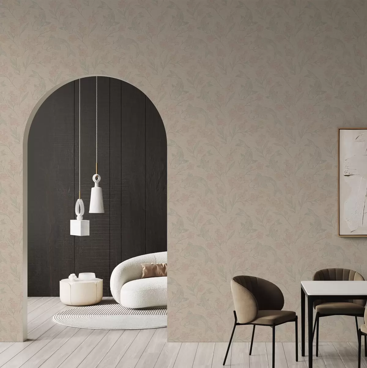 Tapetes Karpas starp ziediem maigās smilškrāsas un rozā toņos a00766