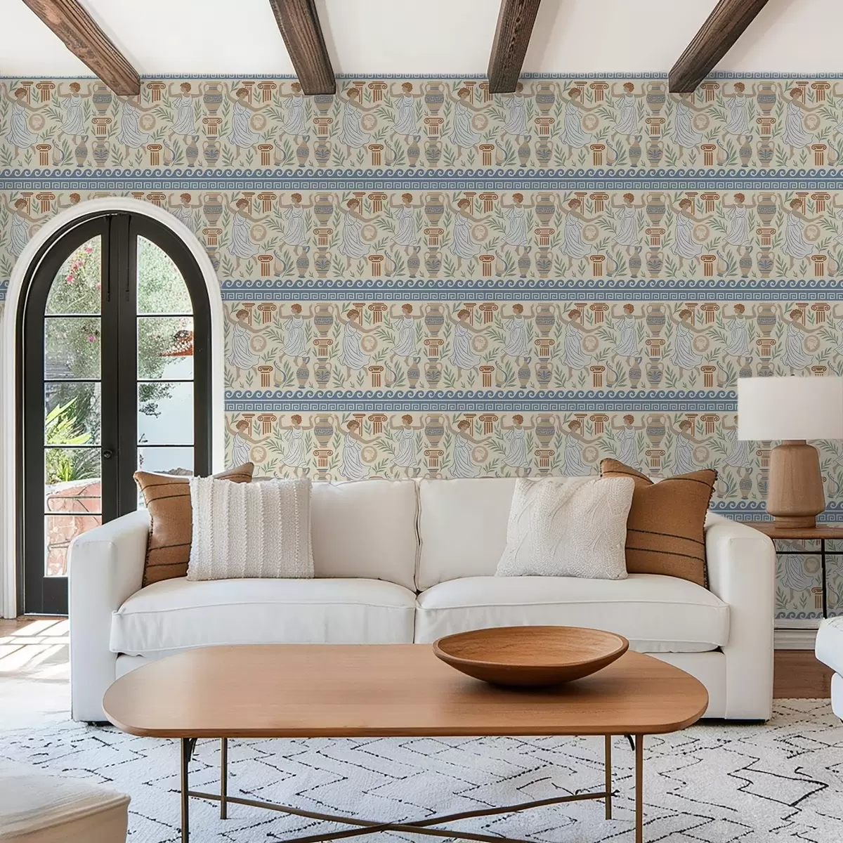 Tapetes Senās Grieķijas ornamenti ar figūrām, vāzēm un kolonnām a00768