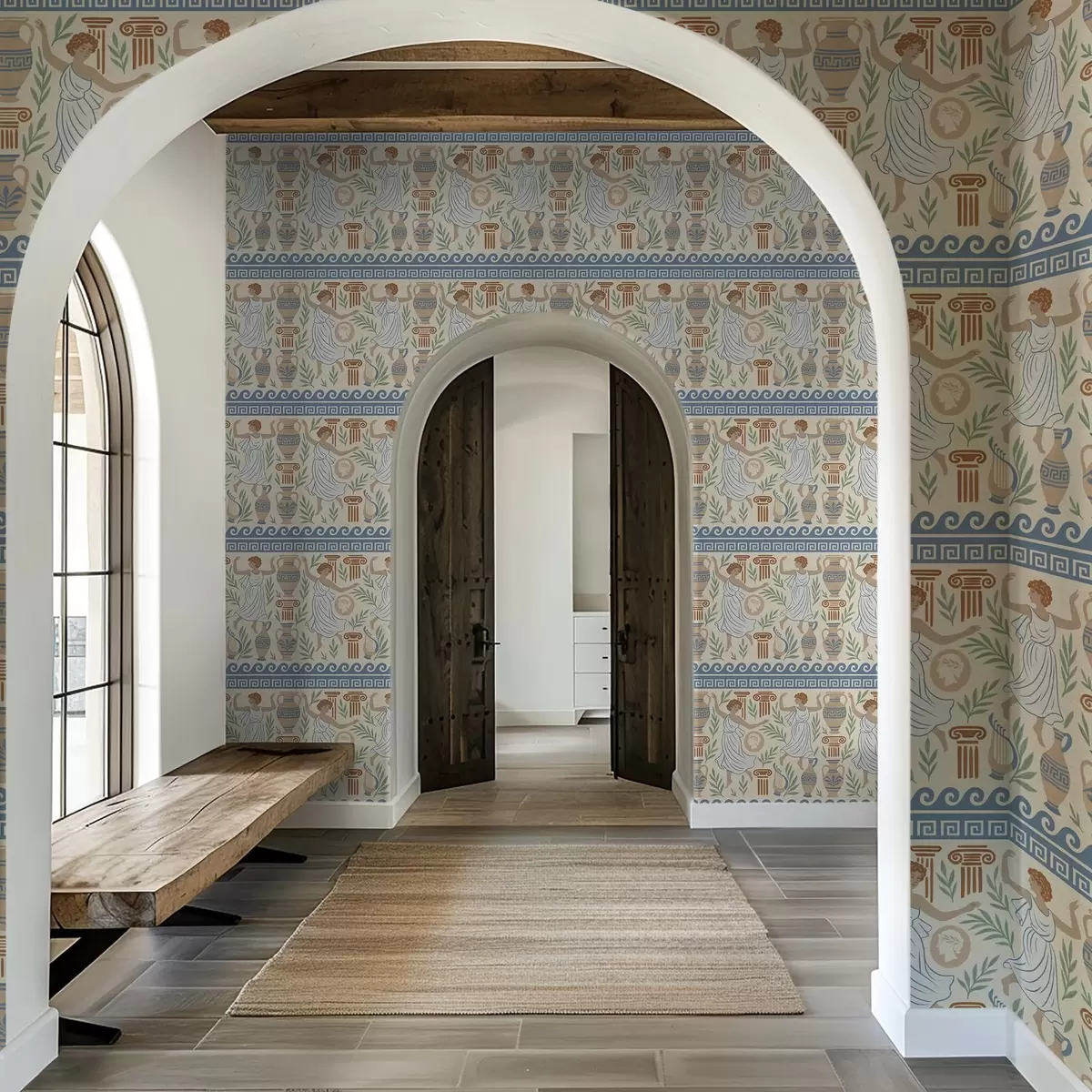 Tapetes Senās Grieķijas ornamenti ar figūrām, vāzēm un kolonnām a00768