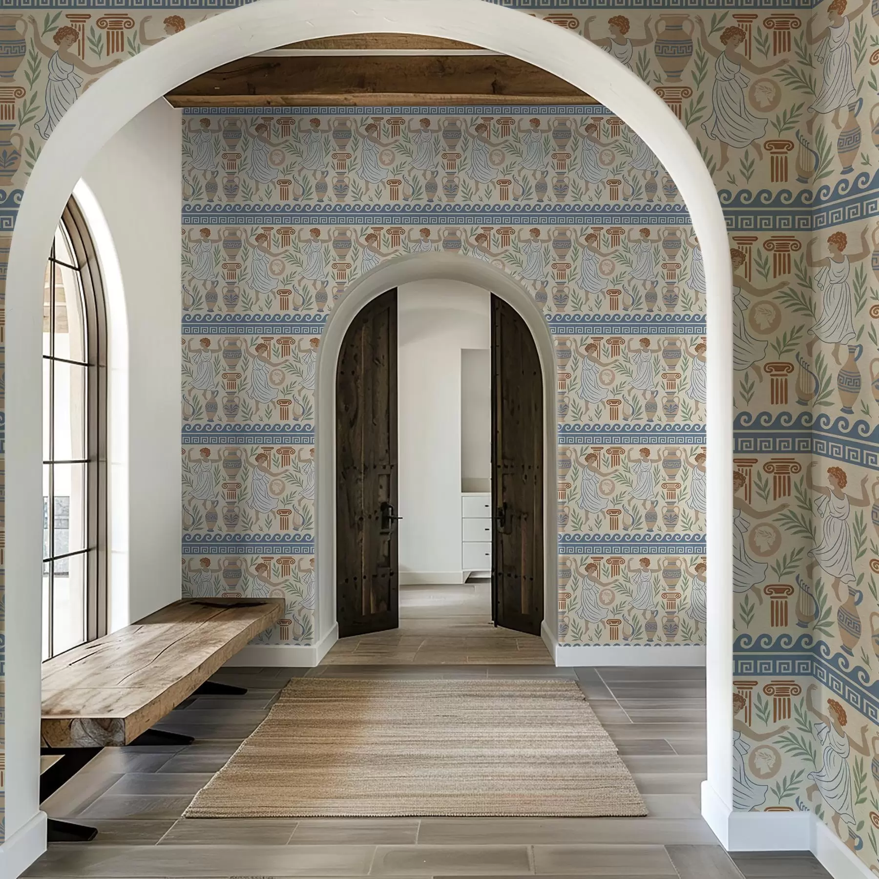 Fototapetes Senās Grieķijas ornamenti ar figūrām, vāzēm un kolonnām a00768