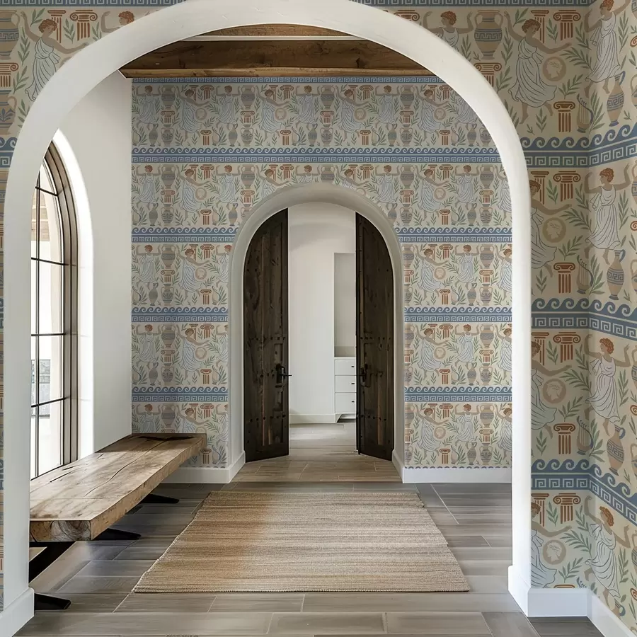 Fototapetes Senās Grieķijas ornamenti ar figūrām, vāzēm un kolonnām a00768