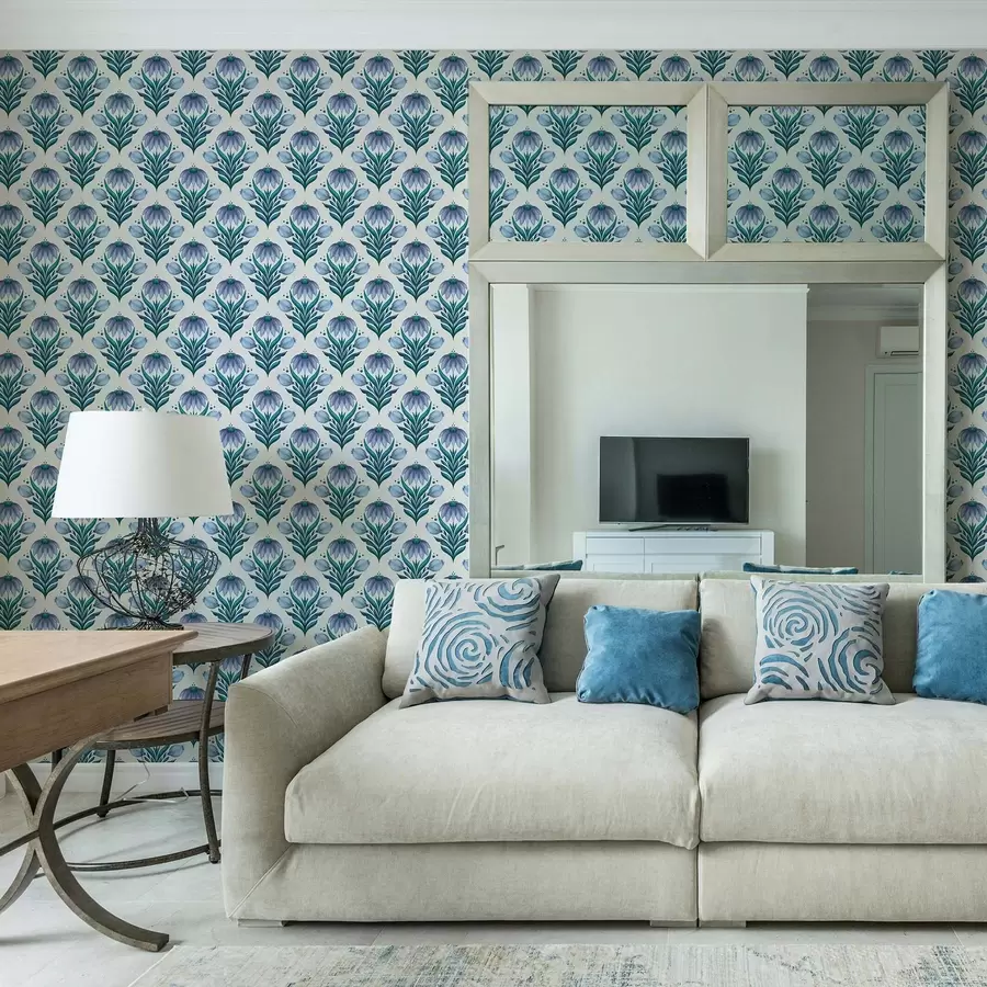 Fototapetes Simetriskas ziedu ornamenta zils-balts toņos a00812v2