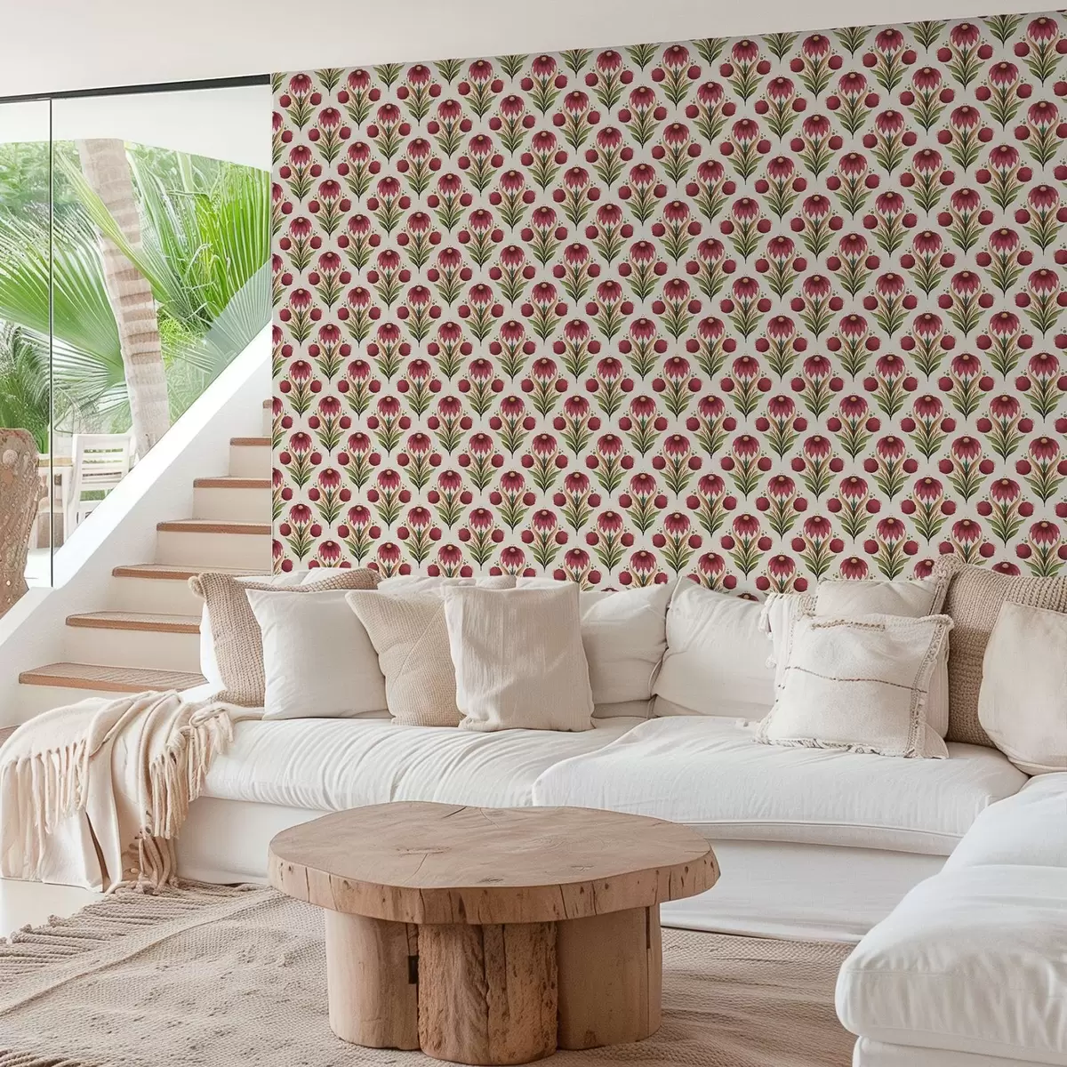 Tapetes Simetriskas ziedu ornamentika bagātīgās sarkano un zaļo toņu gammas a00812v4