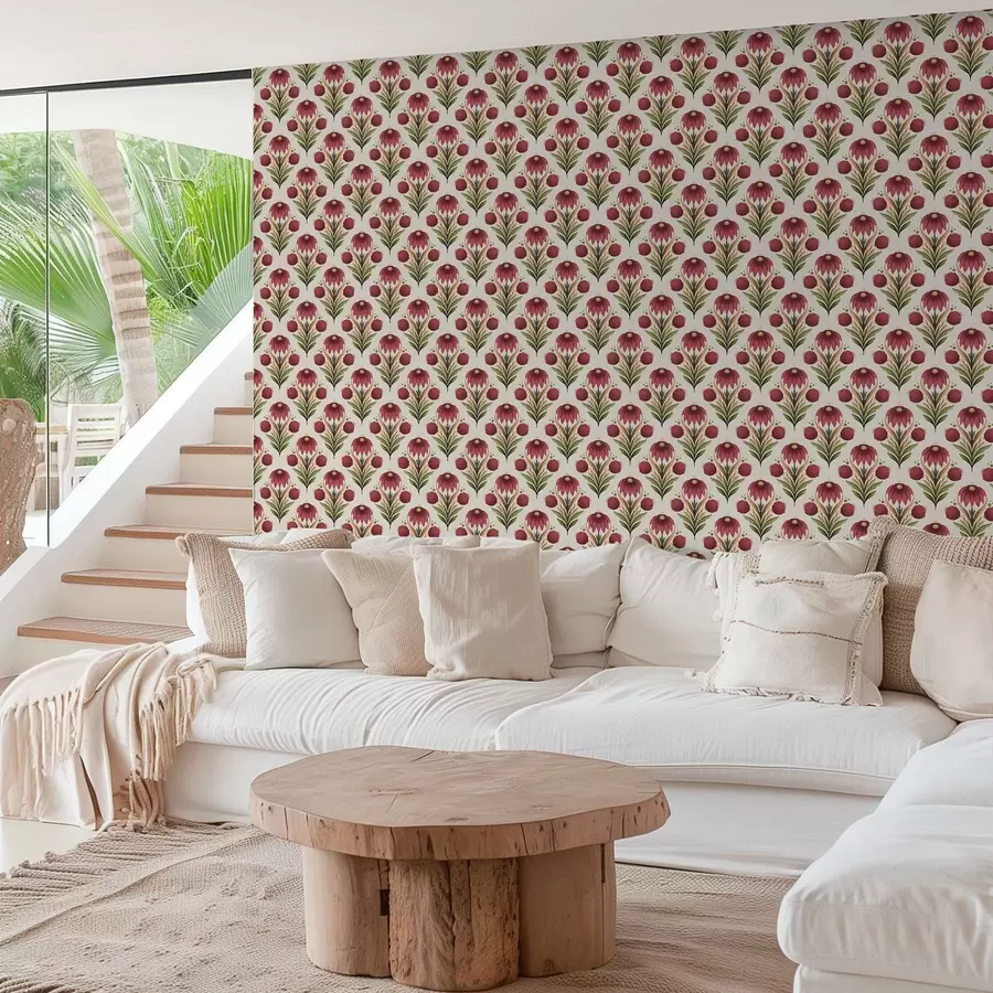 Fototapetes Simetriskas ziedu ornamentika bagātīgās sarkano un zaļo toņu gammas a00812v4