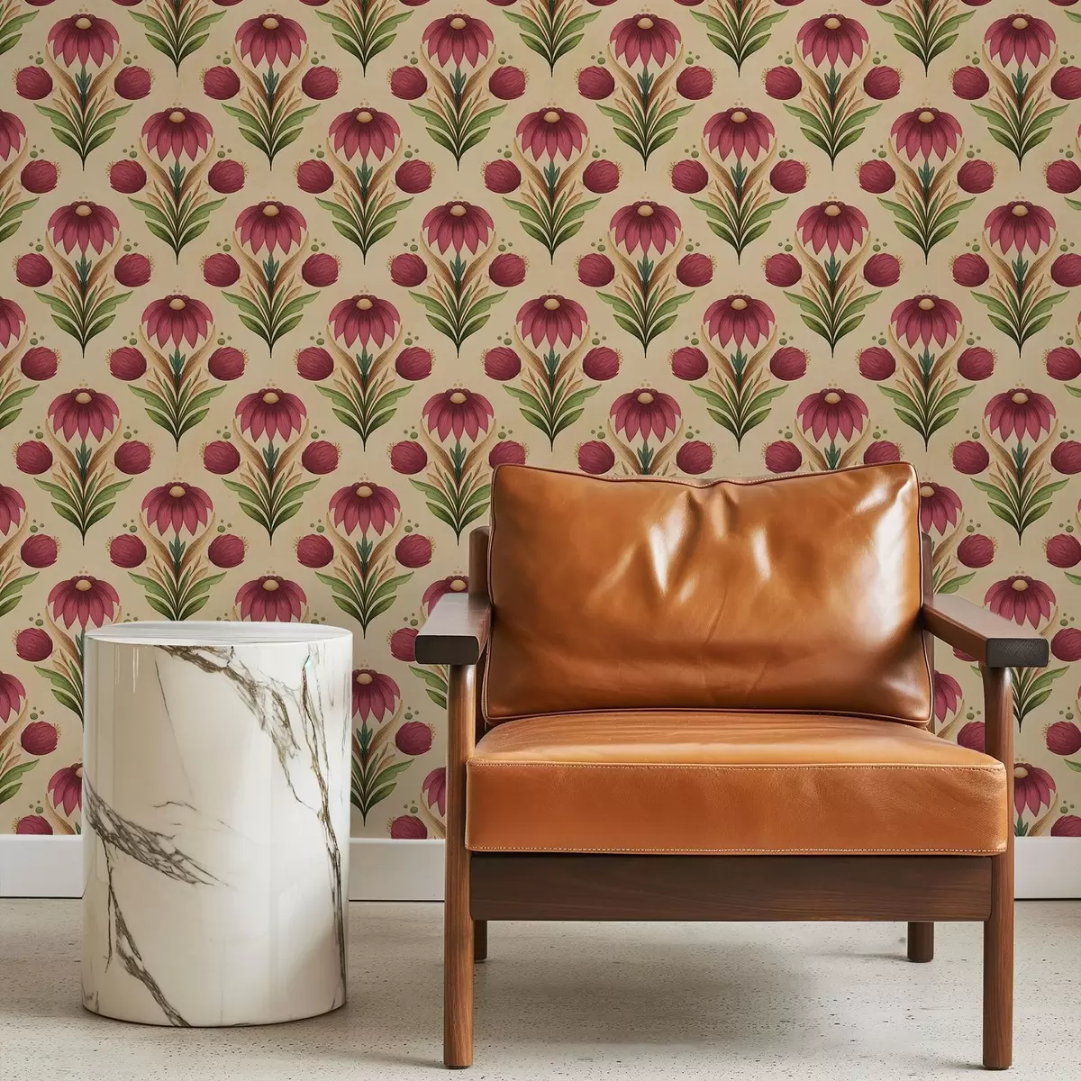 Tapetes Simetriskas ziedu ornamenta uz siltā smilškrāsas fona a00812v6