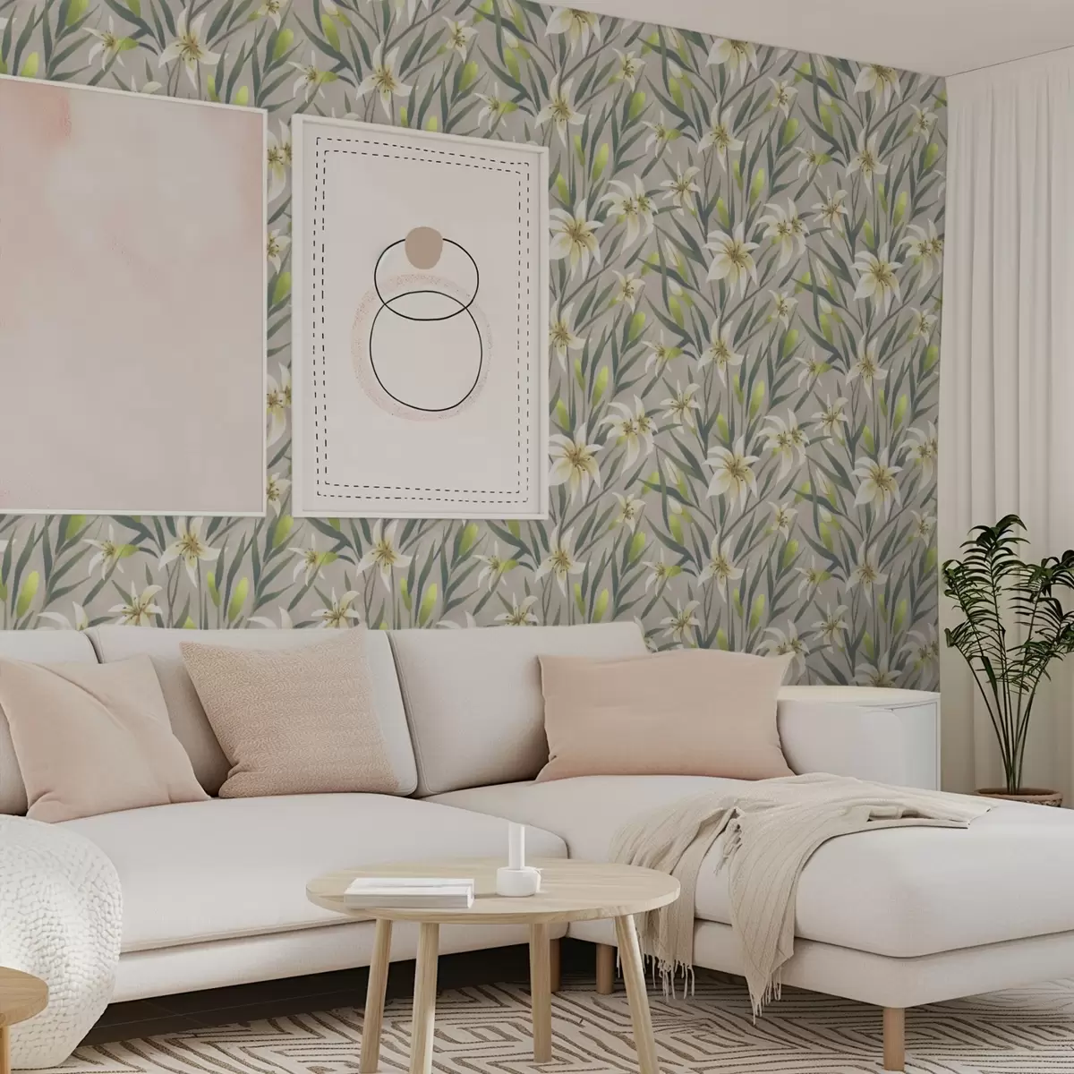 Tapetes Krēmkrāsas lilijas ar lapām uz pelēkā-bēša fona a00837