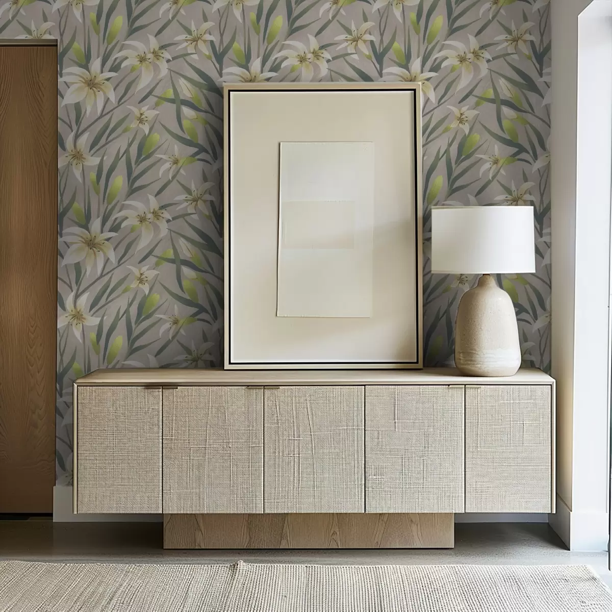 Tapetes Krēmkrāsas lilijas ar lapām uz pelēkā-bēša fona a00837