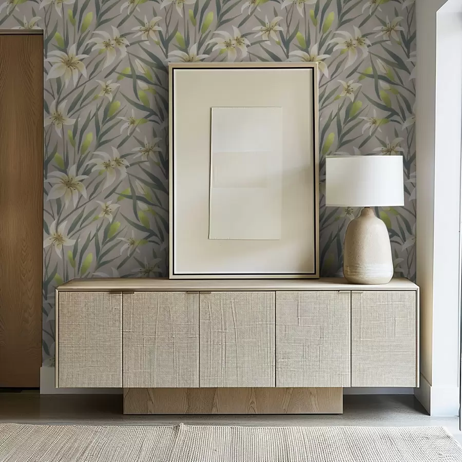 Fototapetes Krēmkrāsas lilijas ar lapām uz pelēkā-bēša fona a00837