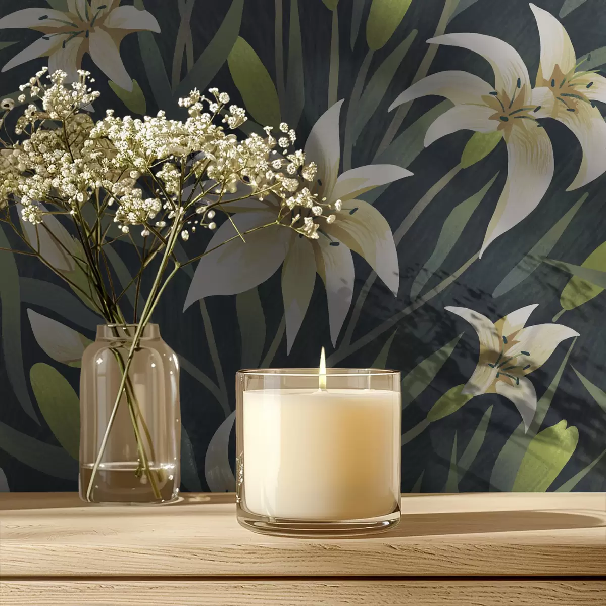 Tapetes Krēmkrāsas lilijas ar lapām uz tumša fona a00837v1