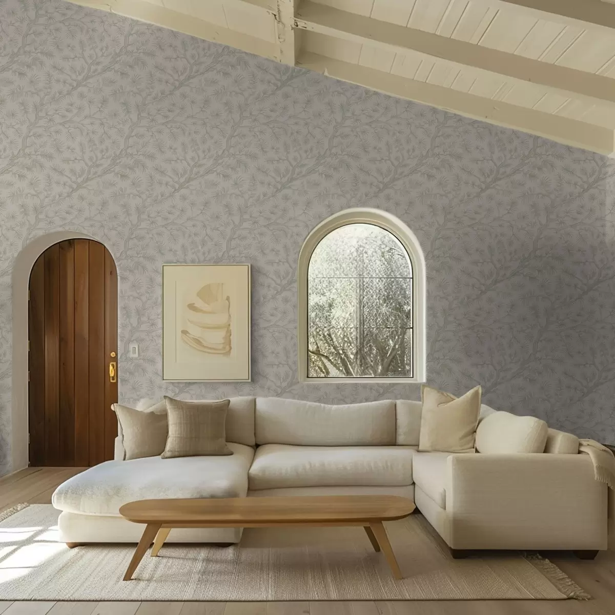 Tapetes Priežu zari gaiši zaļos toņos uz smilškrāsas fona a00838v1